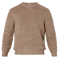 Full view of man in the Rollas Fishermans Tweed Crew in colour Linseed