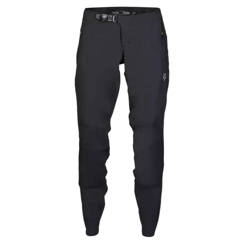 Women's black Fox Defend mountain bike pants with a ratchet waist closure, tapered fit, and laser-cut ventilation.