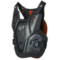 Black Fox Raceframe Impact chest protector with perforated panels, white logo, and orange soft back guard.