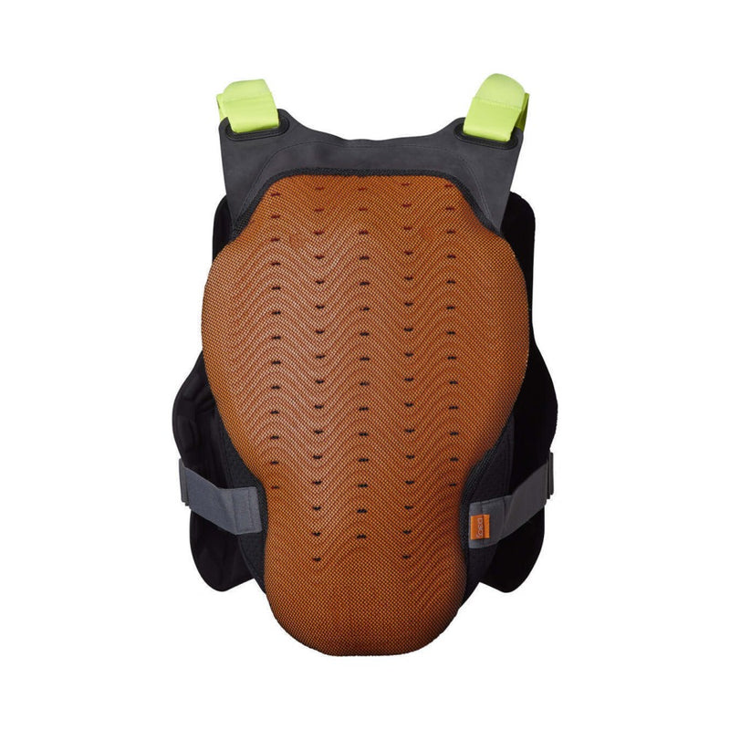 Fox Raceframe Impact Soft Back Guard showing orange textured back protector, black frame, and neon yellow straps.
