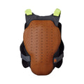 Fox Raceframe Impact Soft Back Guard showing orange textured back protector, black frame, and neon yellow straps.
