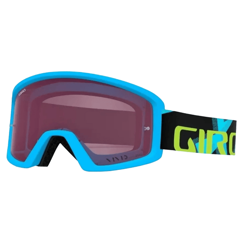 Giro Blok MTB goggles with a light blue frame, pink tinted lens, and black strap with lime green branding.