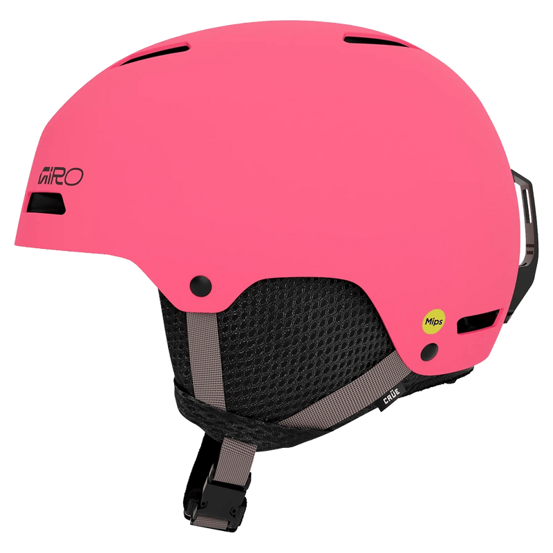 Side view of the Giro Crue MIPS Helmet in Matte Neon Pink colourway, KIDS's model