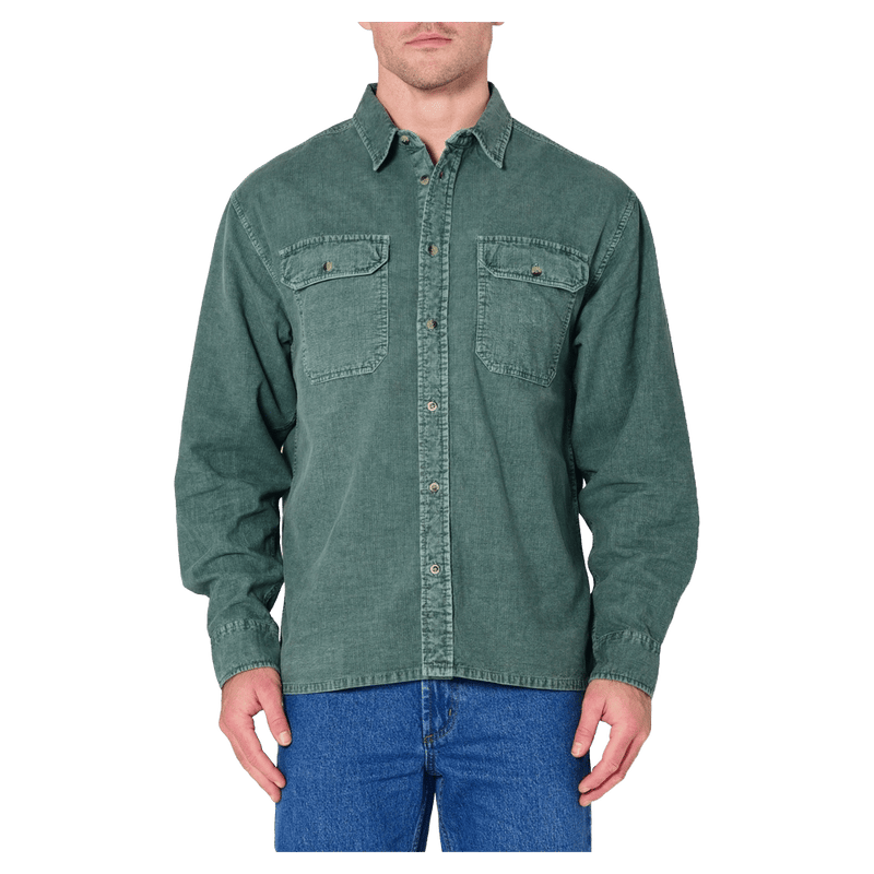 Fron view of the Rollas Grid Cord LS Shirt in colour Pine