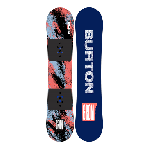Two views of a Burton snowboard with colorful design and branding.