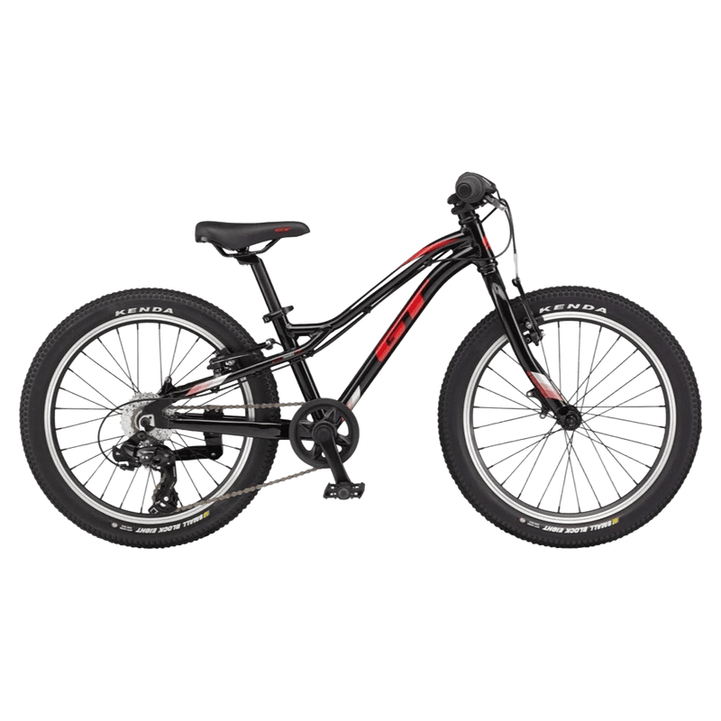 Black GT Stomper Prime kids mountain bike with red accents and Kenda tires, shown from a side profile.