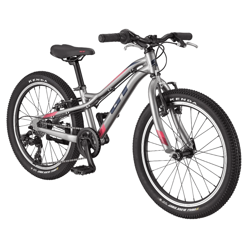 Silver GT Stomper Prime kids mountain bike with pink and blue accents and Kenda tires, side profile view.