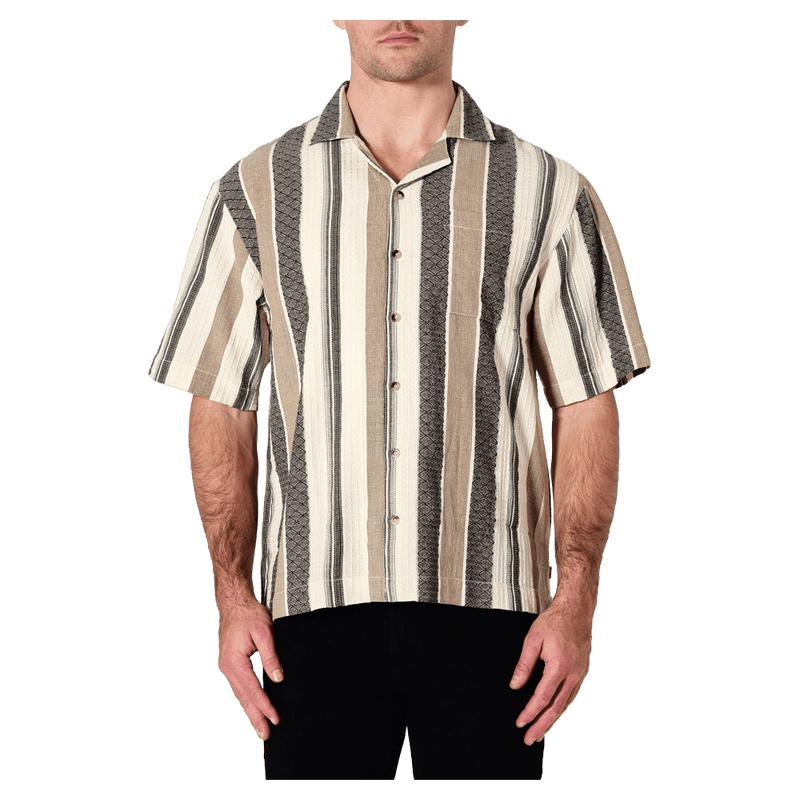 Front view of man in the Rollas Headway Bowler in colour Beige Stripe