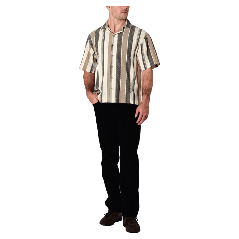 Front view of man in the Rollas Headway Bowler in colour Beige Stripe