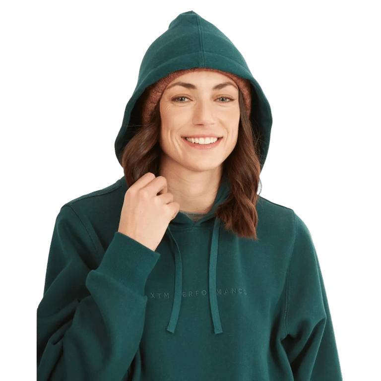 Hood view of the XTM Hyams Hoodie in Pine colourway, unisex's model