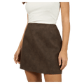 All About Eve Vanner Mini Skirt in dark brown faux suede with a vertical seam and A-line silhouette.