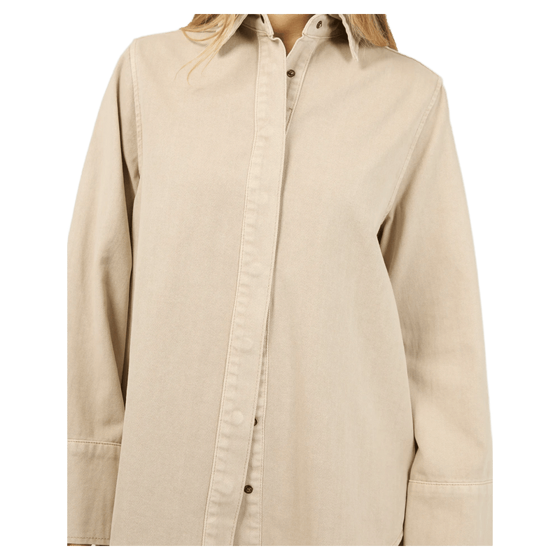 All About Eve Percy Shirt in beige, a women's long-sleeved button-down top with a pointed collar.