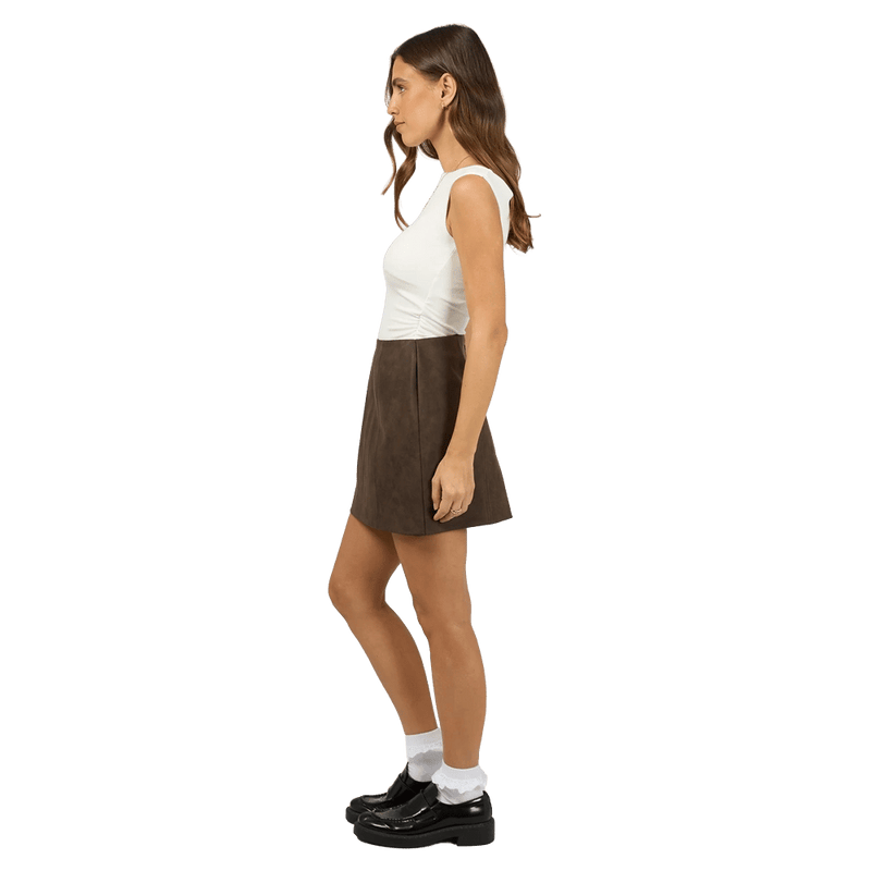 Side view of All About Eve Vanner Mini Skirt - Womens in colour Coffee.