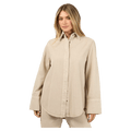 All About Eve Percy Shirt in beige, a long-sleeved button-down top with a collar and curved hem.