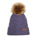 View of the Isla Beanie in Light Dusk. Featuriing a cable knit design with ribbed fold up hem, leather brand tag and brown fur pom pom. 