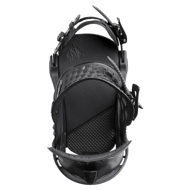Top-down view of black Jones Equinox women's snowboard bindings showing textured footbed and honeycomb ankle straps.