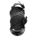 Top-down view of black Jones Equinox women's snowboard bindings showing textured footbed and honeycomb ankle straps.