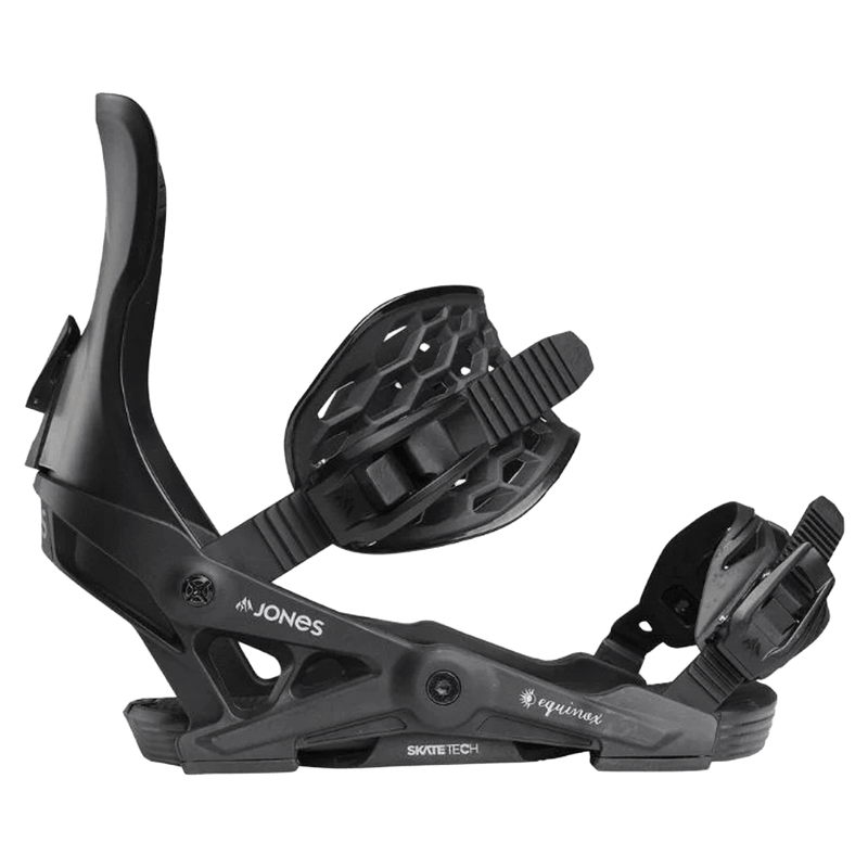 Side profile of black Jones Equinox women's snowboard bindings with Skate Tech base and honeycomb ankle straps.