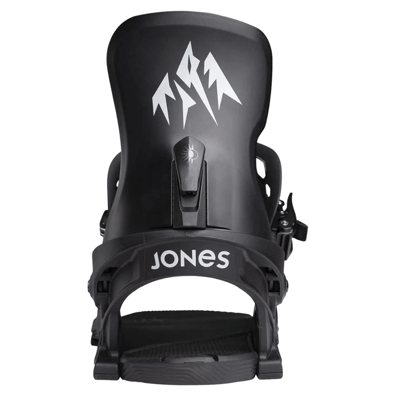 Rear view of black Jones Equinox women's snowboard bindings featuring a white mountain logo and forward lean adjuster.