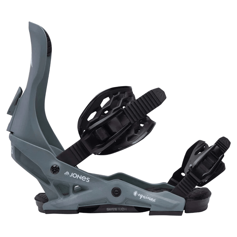 Slate grey Jones Equinox women's snowboard binding featuring black straps and Skate Tech base, side profile view.