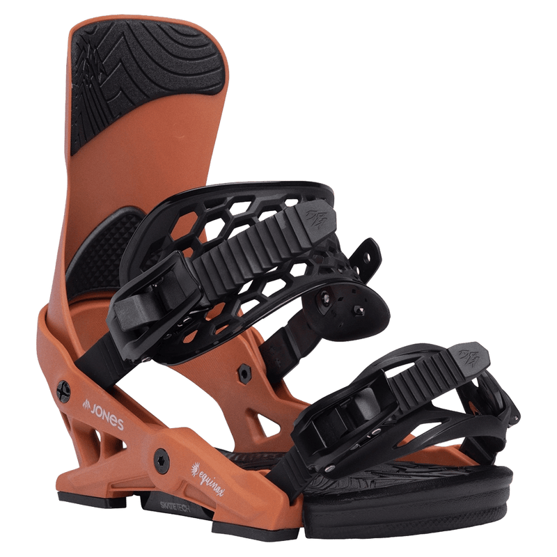 Jones Equinox women's snowboard bindings in burnt orange and black with honeycomb straps and textured highback.