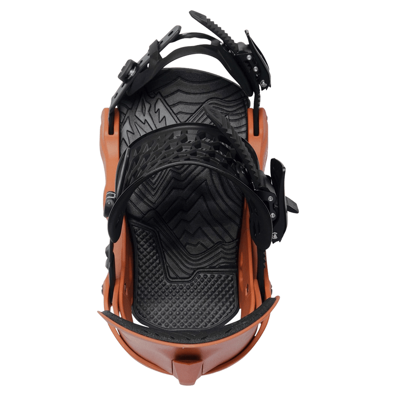 Jones Equinox women's snowboard binding in orange and black with mountain-patterned footbed, top-down view.