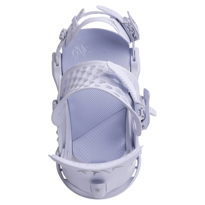 Top-down view of white Jones Equinox women's snowboard bindings with honeycomb straps and a textured footbed.
