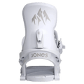 Rear view of white Jones Equinox women's snowboard bindings showing highback with mountain logo and Jones heelcup.
