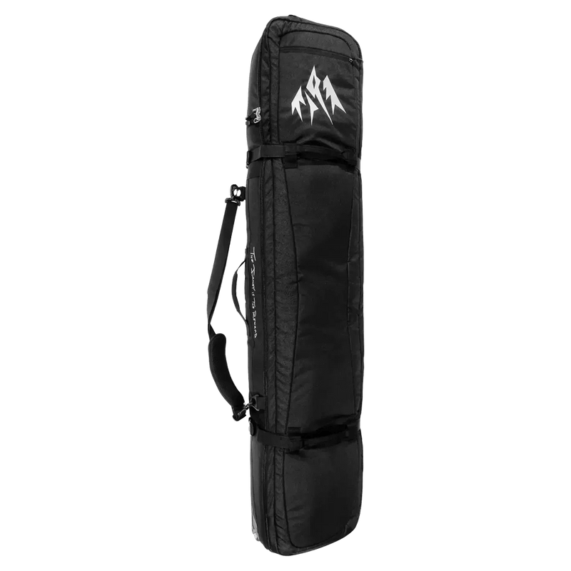 Black Jones Expedition Snowboard Bag with white mountain logo, padded shoulder strap, and compression straps.