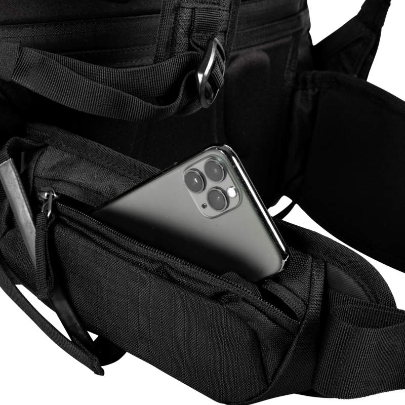 Jones Higher 32L Backpack close up of side waist pocket with phone inside