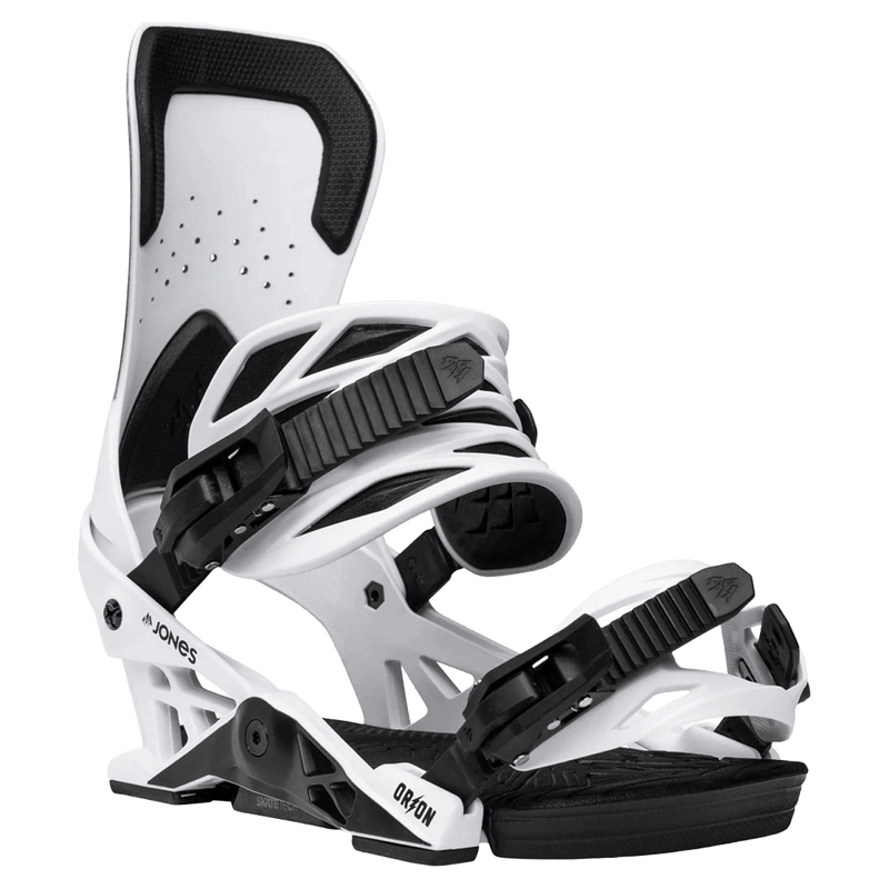 White Jones Orion snowboard bindings with black straps and highback padding, side view on black background.