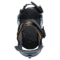 Top-down view of grey Jones Orion snowboard bindings featuring black textured footbeds and tan-lined ankle straps.