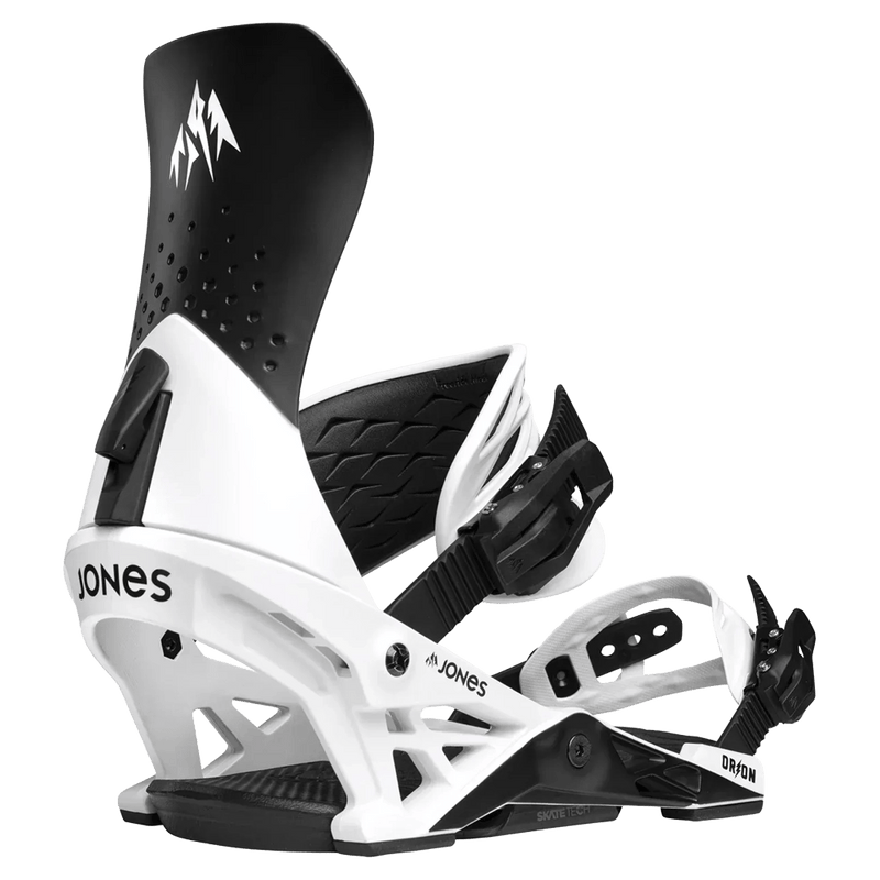 White and black Jones Orion snowboard bindings with a black highback, white frame, and adjustable straps, side profile.