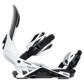 Side profile of white Jones Orion snowboard bindings with black straps and highback padding on a black background.