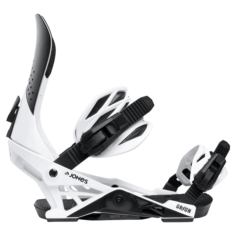Side profile of white Jones Orion snowboard bindings with black straps and highback padding on a black background.