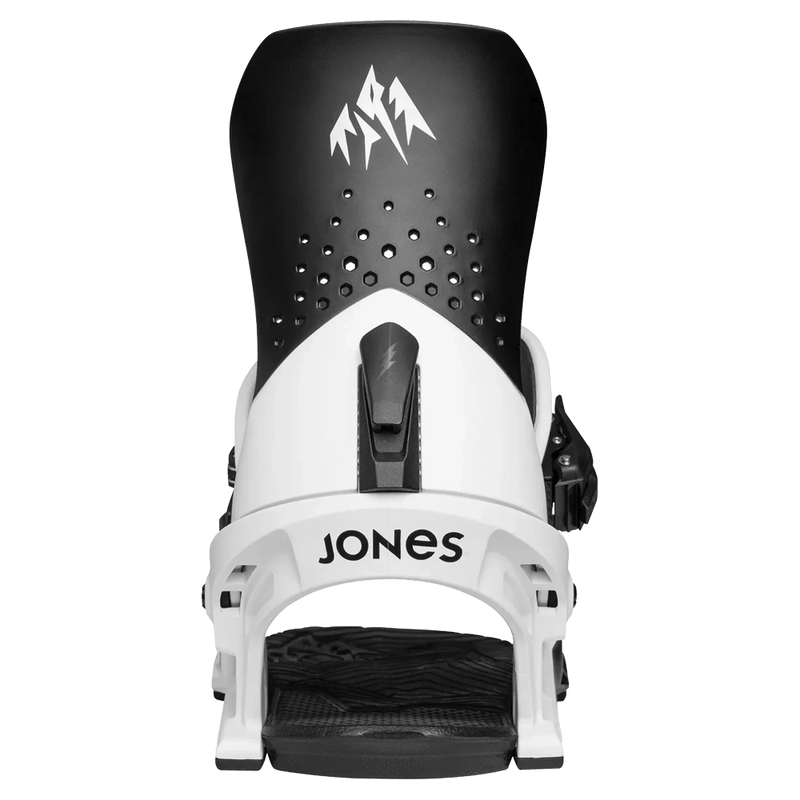 Rear view of white and black Jones Orion snowboard binding with mountain logo on highback and Jones logo on heel cup.