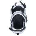Top-down view of white Jones Orion snowboard bindings with black textured footbeds and black buckles.