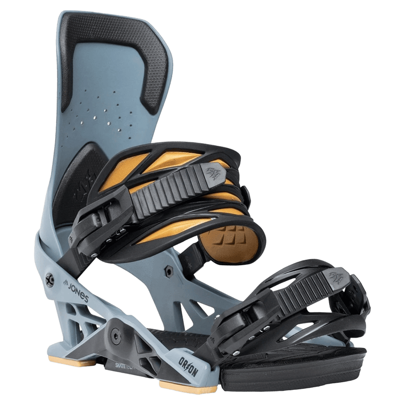 Slate blue Jones Orion snowboard binding with black and gold straps and highback, side view.