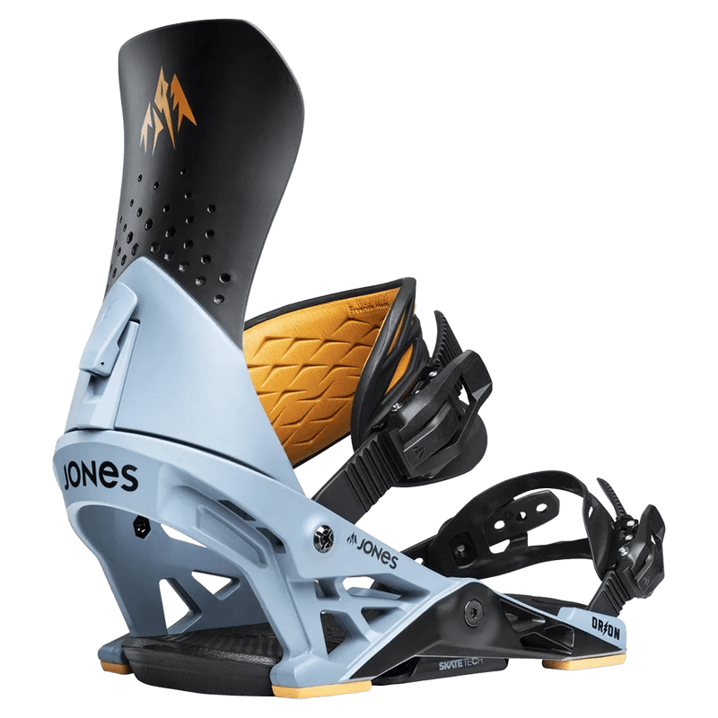 Light blue and black Jones Orion snowboard bindings with orange accents, featuring a highback and adjustable straps.