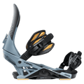 Side profile of slate blue Jones Orion snowboard binding with black straps, gold accents, and Skate Tech baseplate.