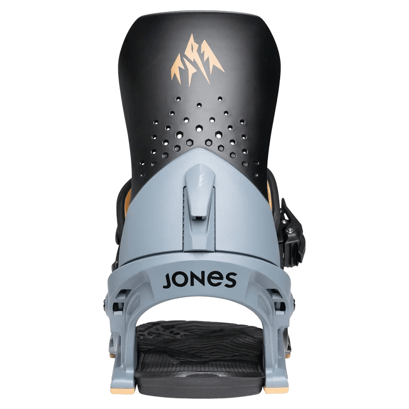 Rear view of light blue and black Jones Orion snowboard bindings with a perforated highback and gold mountain logo.