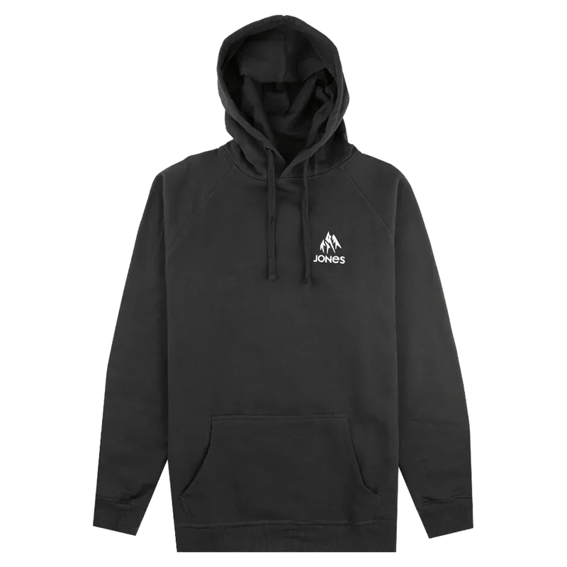 Black Jones Truckee Organic Cotton Hoodie with white mountain logo, drawstring hood, and front kangaroo pocket.