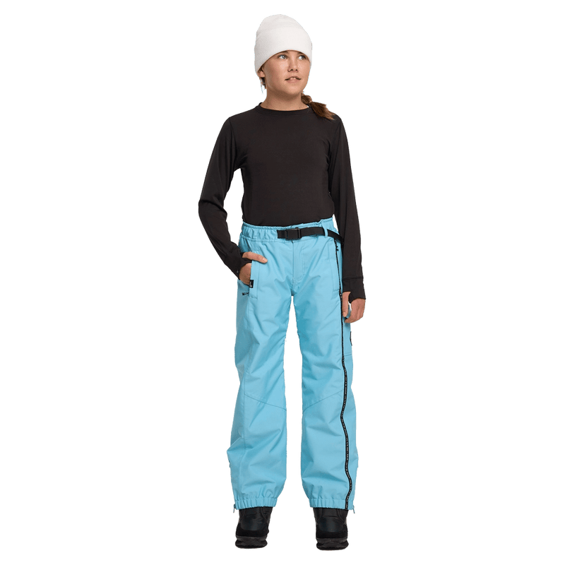 Front view of youth wearing the Rojo She Ripz Ski Pants - Kids in colour Milky Blue
