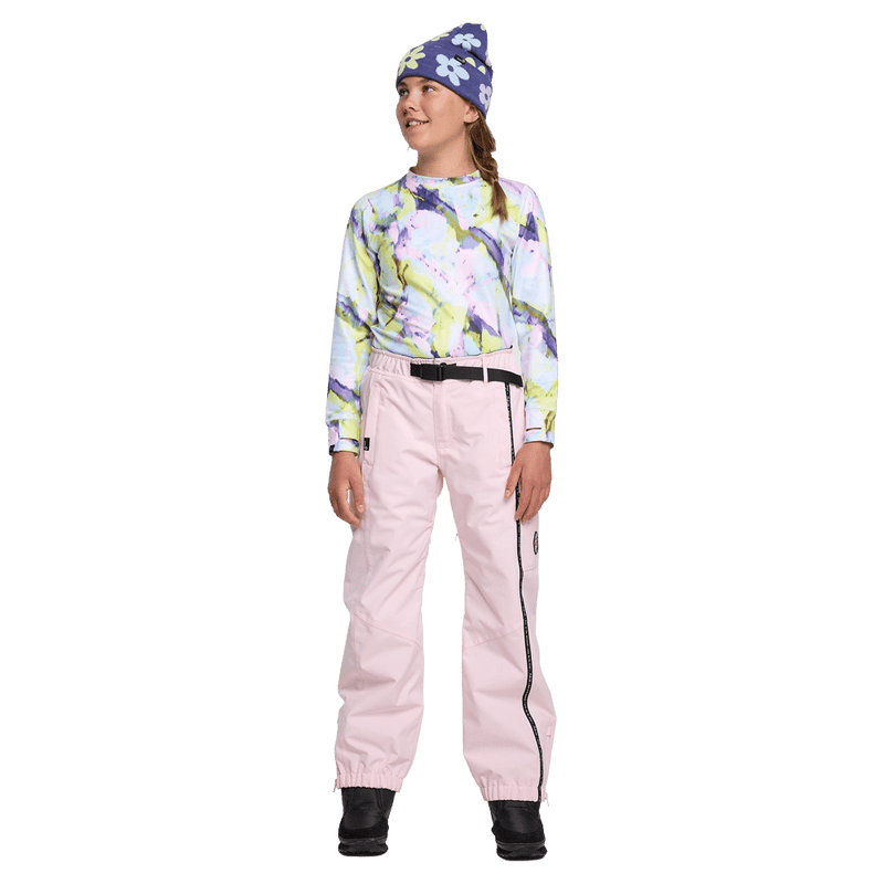 Front view of youth wearing the Rojo She Ripz Ski Pants - Kids in colour Pink-a-boo