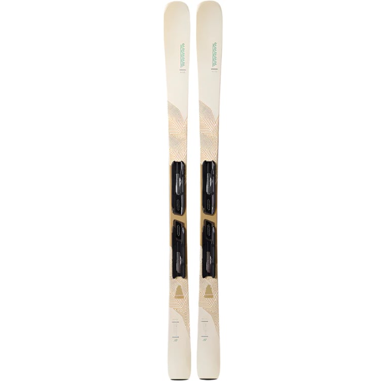 K2 Blur 76 women's skis featuring cream topsheets with gold topographic patterns and integrated black bindings.