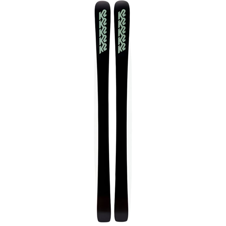 Pair of black K2 Blur 76 women's skis with light green logos at the tips, shown from a top-down vertical perspective.