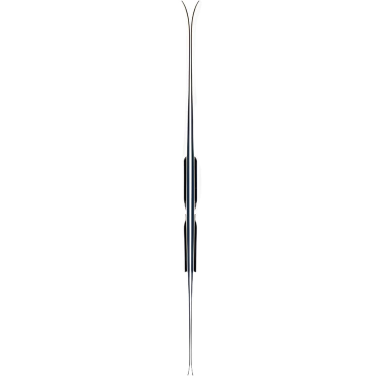 Side profile of K2 Blur 76 women's skis with bindings, showing the slim black edge and camber shape.
