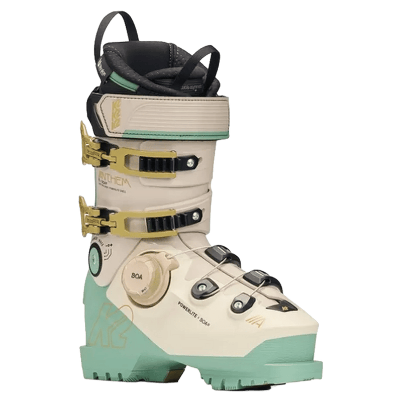 K2 Anthem 95 Boa ski boot in cream and mint green with gold buckles and BOA dial system on a black background.