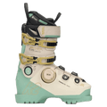 Side profile of a cream and mint green K2 Anthem 95 Boa ski boot with gold buckles and a BOA fit system dial.