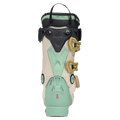 Rear view of cream and mint green K2 Anthem 95 ski boot with gold buckles and a pink ribbon logo on the heel.